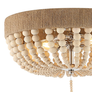 Justina Wood Bead 14" Farmhouse Bohemian Iron LED Flush Mount - JONATHAN Y